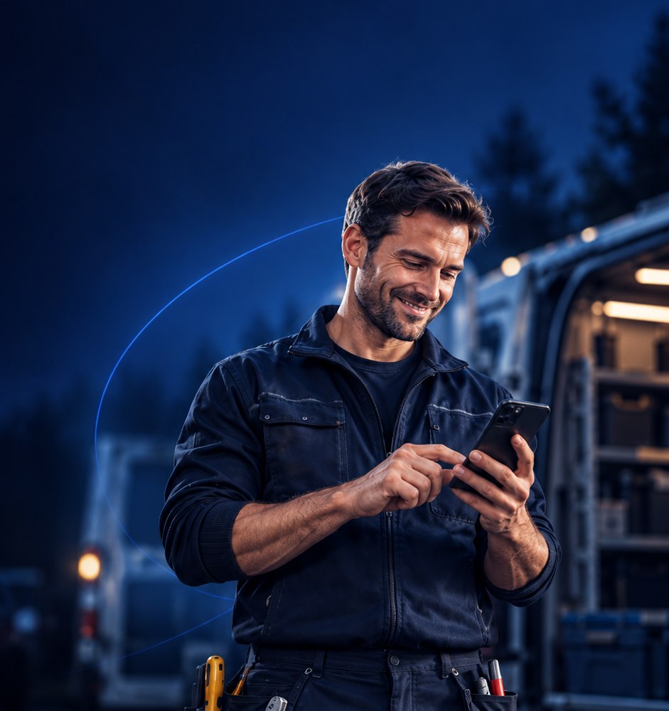 Handwerker nutzt AngebotsPilot auf dem Smartphone, um unterwegs ein Angebot zu erstellen